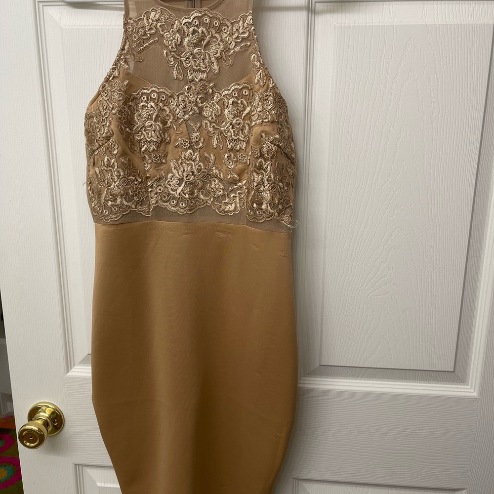 Elegant Lace Overlay Tan Dress
